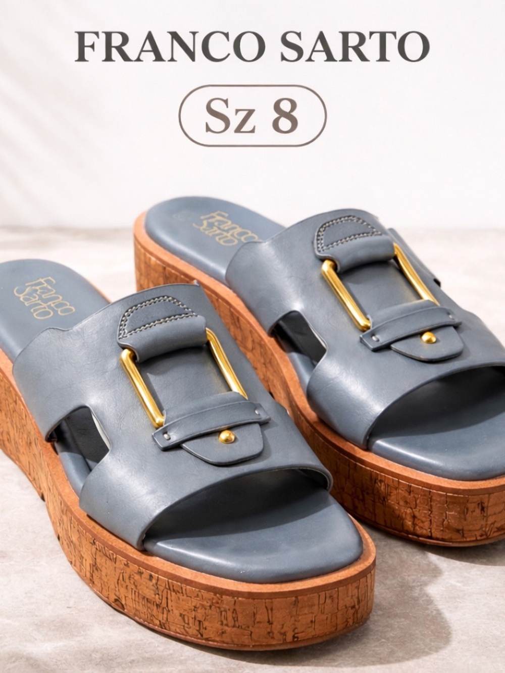 Franco Sarto Slate Blue Leather Cork Platform Slide Sandals with Gold Buckles